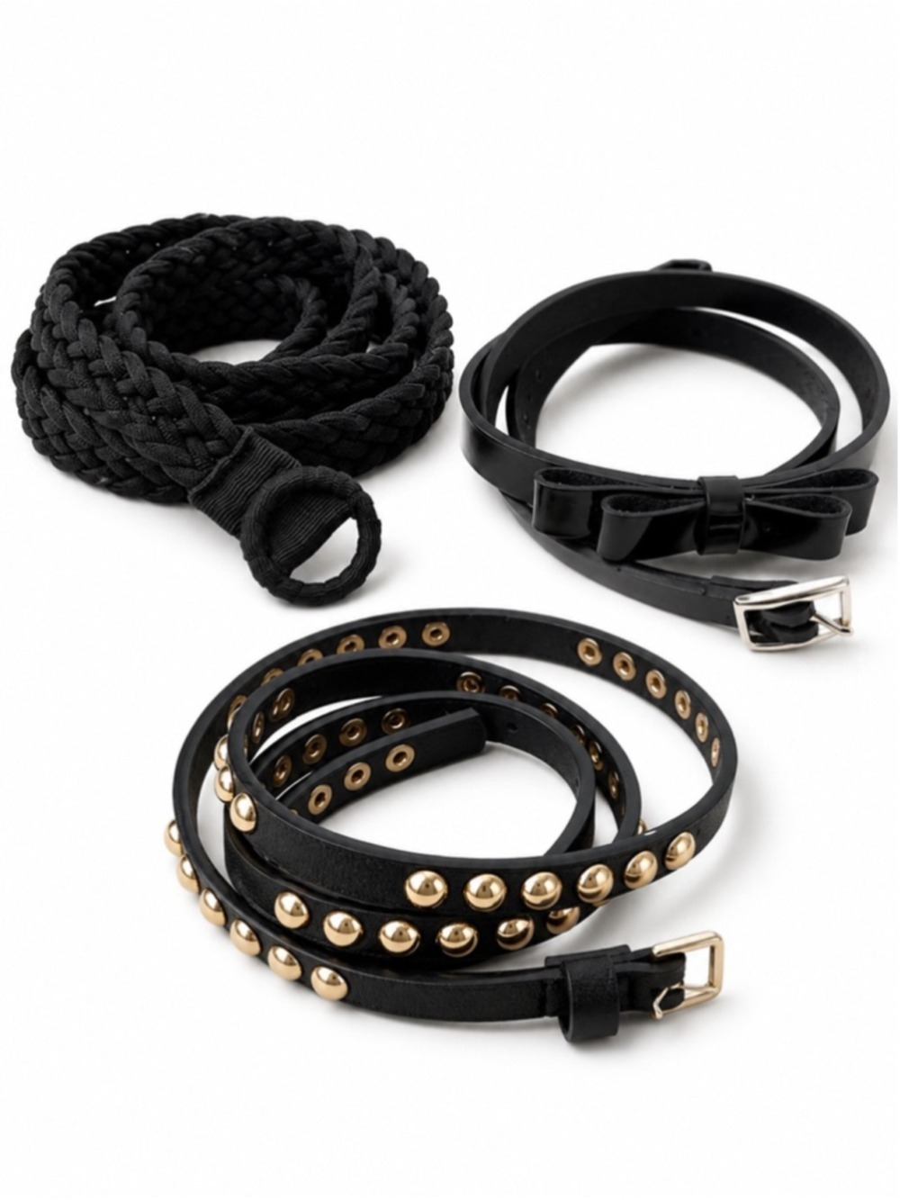 Skinny Belt Trio: Black & Gold Studded, Faux Patent Leather & Bow, Navy Braided